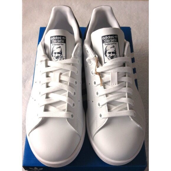 Adidas Women's Stan Smith Leather Court Sneakers White Navy Blue Sizes NIB - Picture 4 of 5